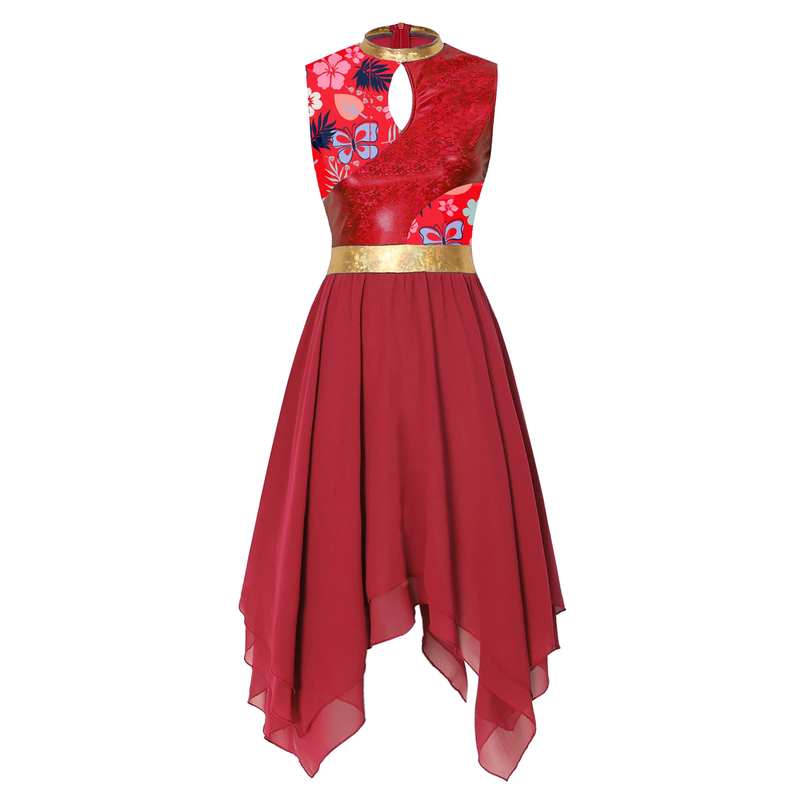 Damen-Lyrik-Tanzkleid, Kostüm für Gottesdienste und Lobgesänge, mit Metallic-Print, aufgesetztem Oberteil, Schlüssellochausschnitt vorne, ärmellos, unregelmäßiger Saum, Tunika-Kleid. – Detail 3
