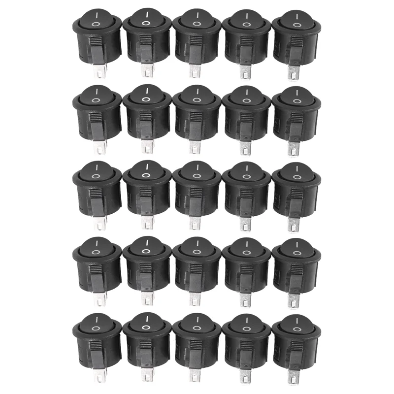 VOFUN-25 Pcs SPST Black Button On/Off Round Rocker Switch AC 6A/125V 3A/250V