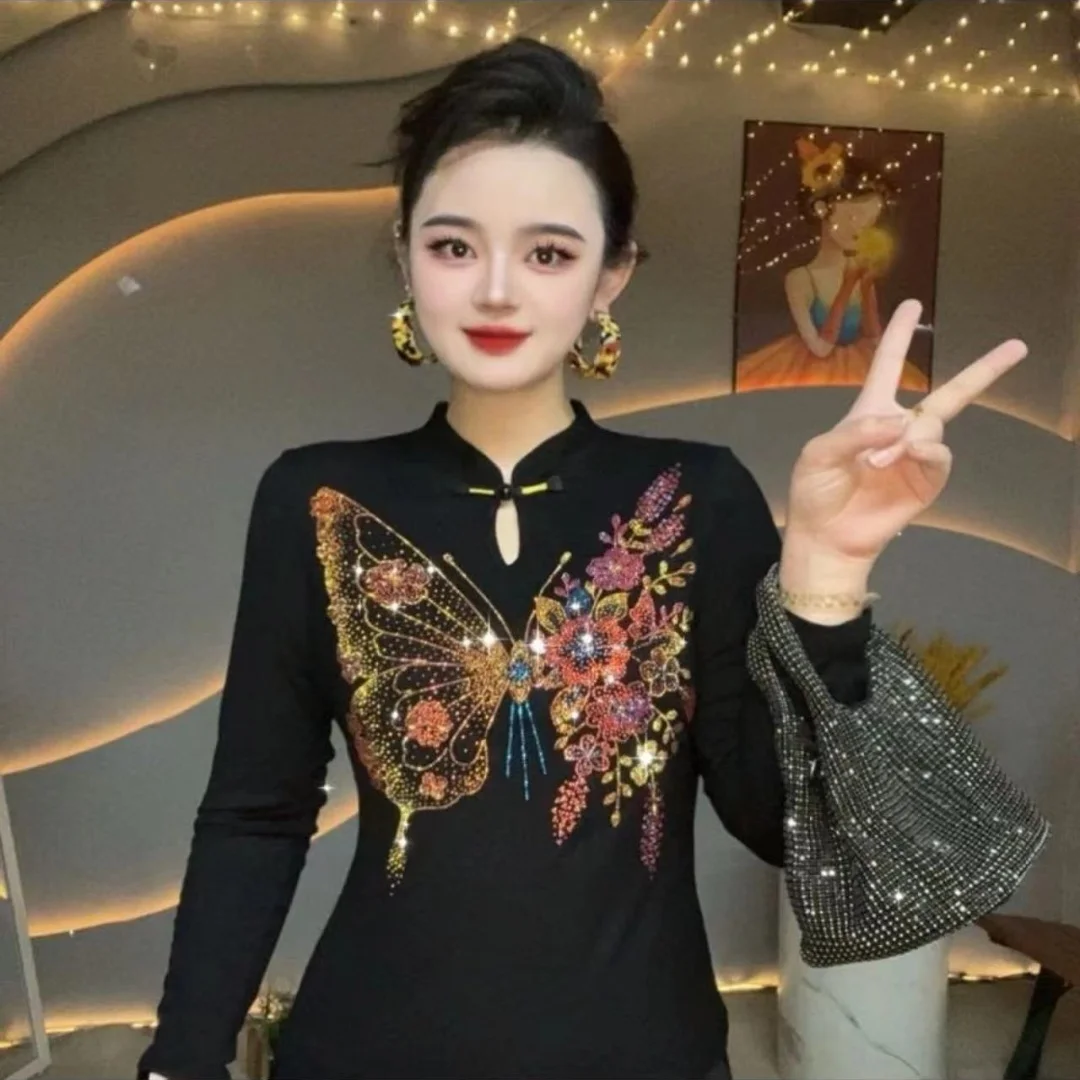 

Fashionable New Chinese Style Long-sleeved Base Shirt 2025 Autumn New Diamond-inlaid Top