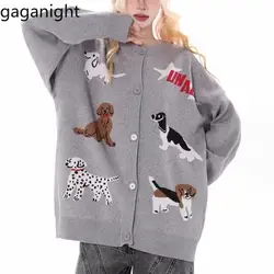 Gaganight Women Korean Edition Grey Cartoon Dog Sweater 2024 Spring Autumn New Lazy Style O neck Cute Knitted Coat Top Female