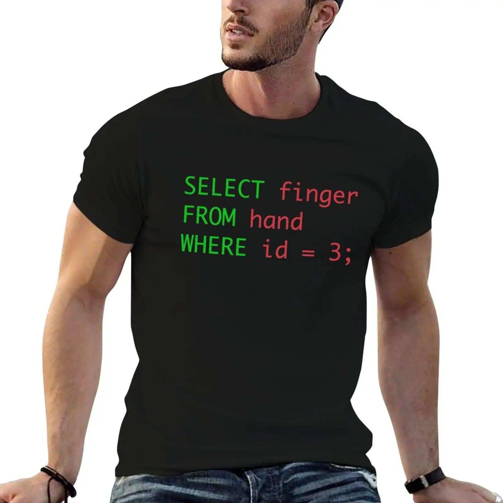 

man shirt query from t select id humor = hand T-Shirt finger SQL essential for men where t 3 shirts