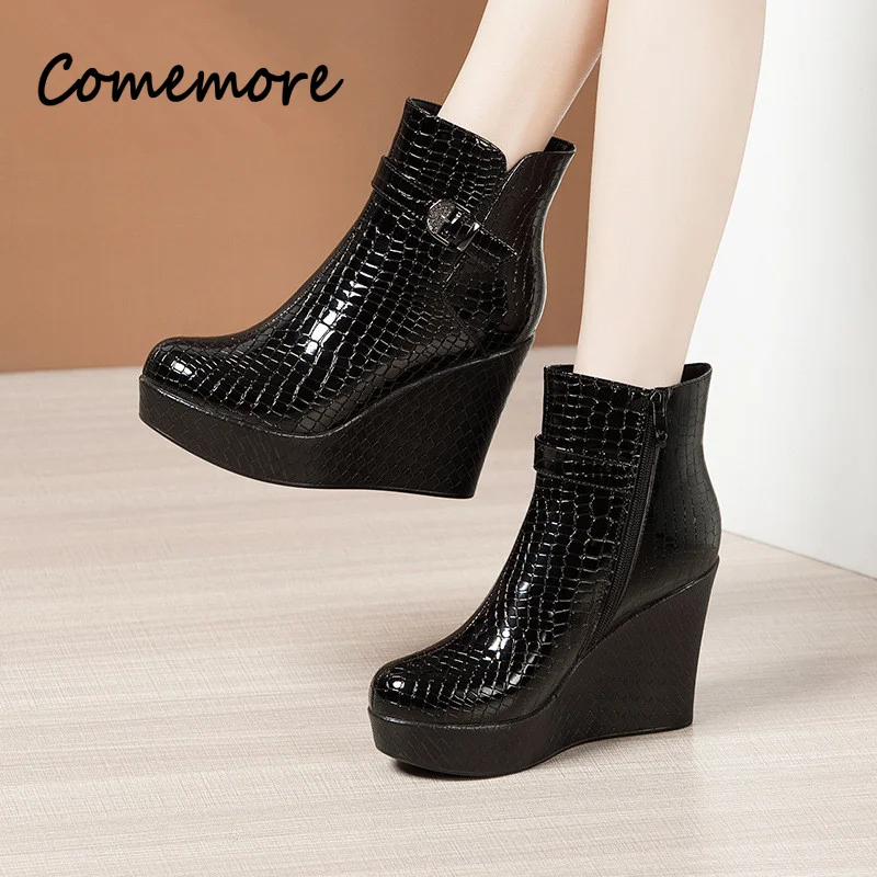 Comemore Women Casual Wedges Platform Ankle Boots Leather Shoes Woman Heel Designer Boots Black High Heels Women\'s Heeled Shoe