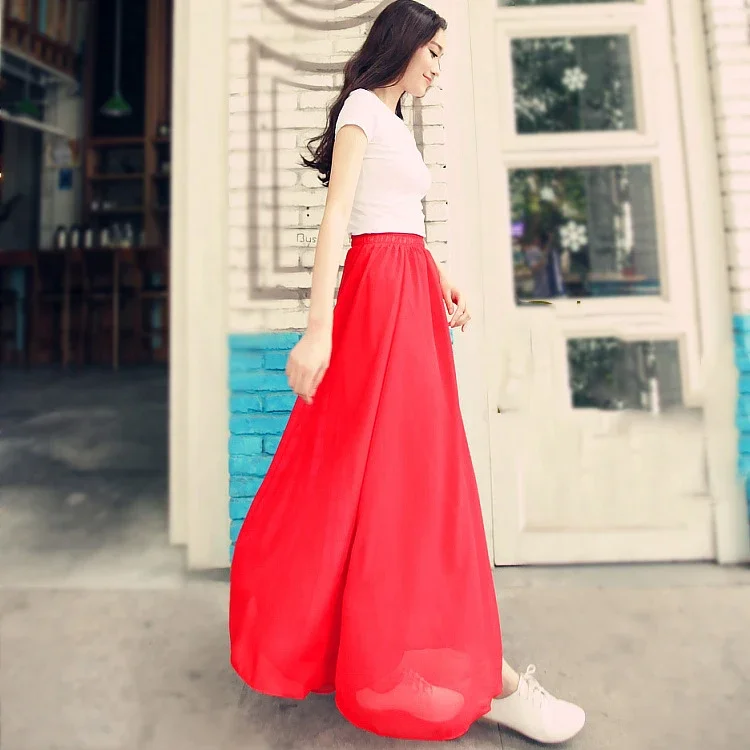 

2024 Summer Women Maxi Skirt Two Layer Boho High Wasit Women Long Chiffon Skirt Saias Floor Length Women White Skirt