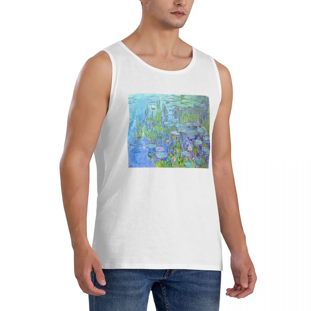 100% Cotton Female Long Water Lilies Claude Monet (19) Sleeveless T-Shirt Men Workout Sports Clothing Tops Men's Crew Neck Vest