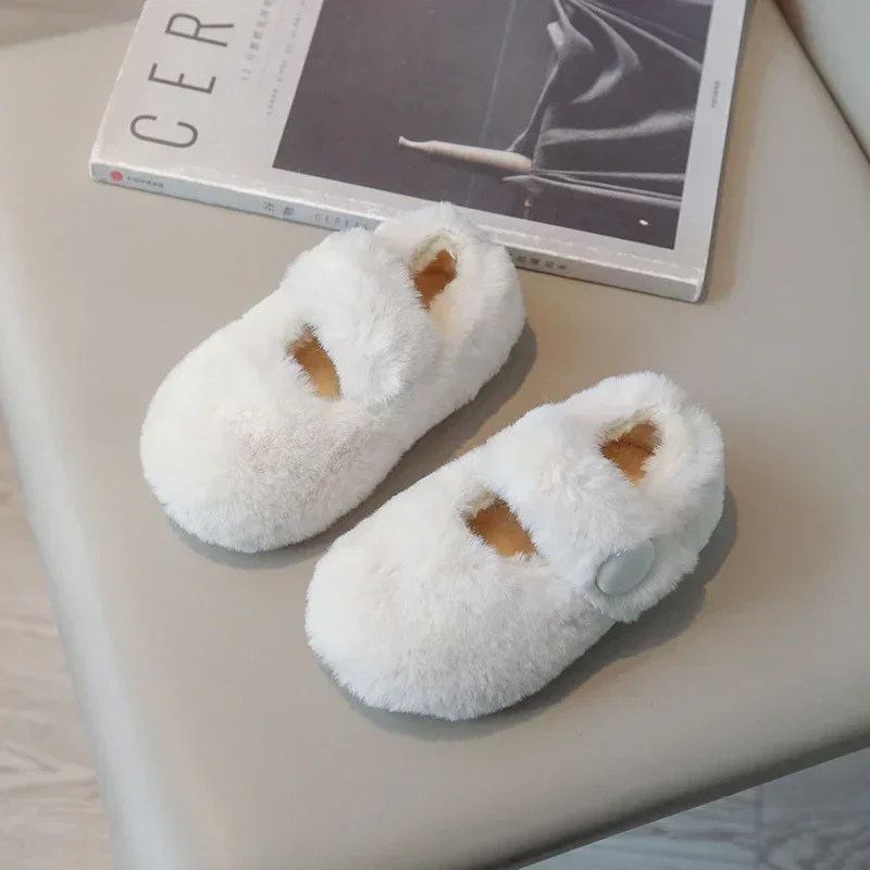 Kids Flat Shoes Fluffy Fur Warm Shallow New 2024 Winter Children Casual Shoes Hook-loop Cover Toe Comfy Girls Shoes