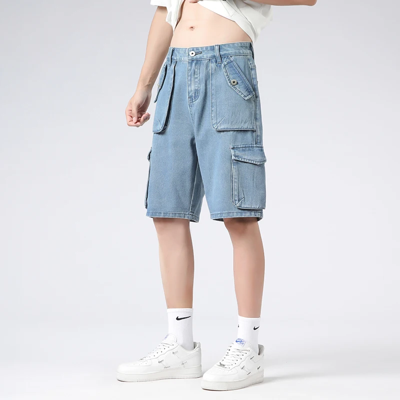 韓国クラシック Y2K マルチポケットカーゴパンツカジュアルショーツ夏の新デニムショーツだぶだぶのジーンズ薄いトレンディな弾性ウエストオーバーオール