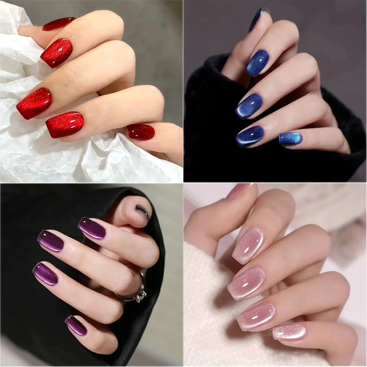 24 pçs curto quadrado roxo/vermelho/rosa brilhante olho de gato imprensa em unhas oceano azul prata olho de gato unhas falsas translúcido fasle prego