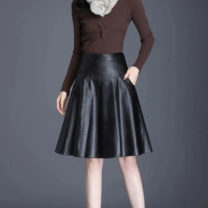 Leather Skirt Women's A-line Large Size Over The Knee Mid-length High-waist Pleated Skirt Autumn Winter New Skirt