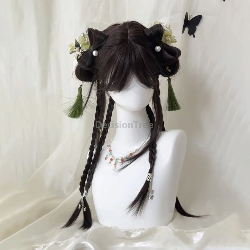 

2025 китайский jiangnan для девочек, нежный универсальный древний пучок для волос, милая яркая челка, стиль, длинные прямые волосы, повседневный удобный парик