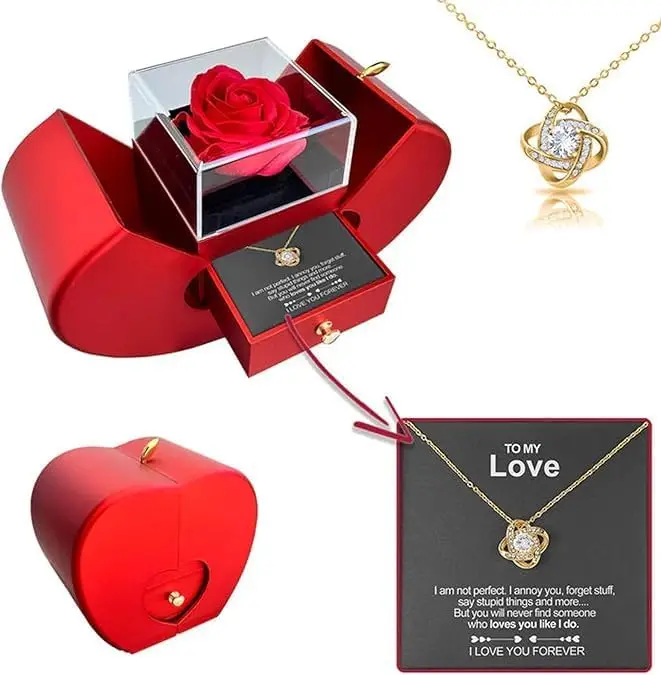 

Preserved Handmade Red Rose With Hollow Clavicle Necklace,Jewelry Boxes With Necklace For Girlfriend,Wife,Mom With ''To