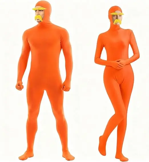 ชุดบอดี้สูทสีส้ม ชุดแฟนซีสีส้ม หนวดและคิ้วสีเหลือง ชุดบอดี้สูทฮาโลวีน ชุดคอสเพลย์สีส้ม