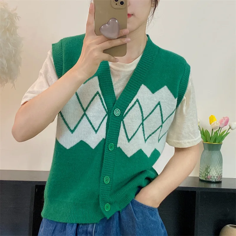 سترة سترة المرأة الخريف نمط Preppy النسخة الكورية فضفاضة Argyle تصميم ريترو مترهل الشارع ارتداء شيك شعبية كل مباراة صالح