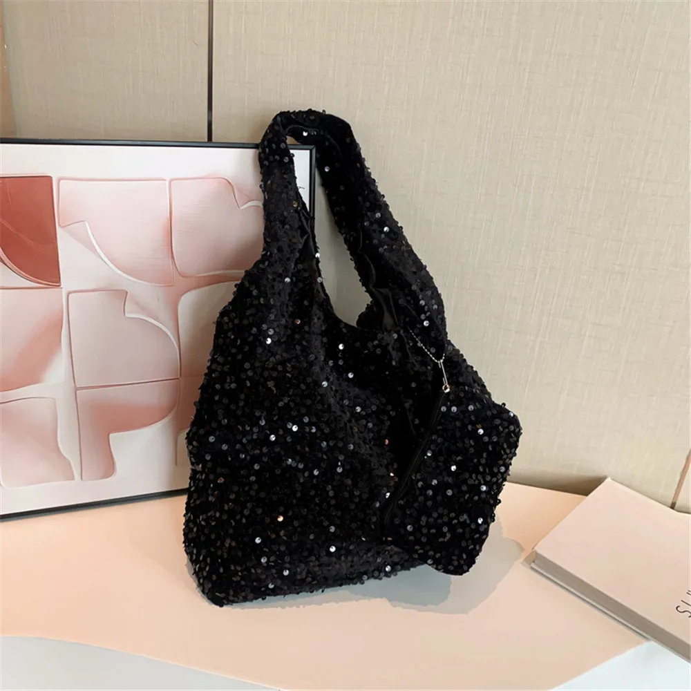 Luxury Designer Tote Bag For Women Glitter Sequin Shoulder Bag Female Hobo Bags Underarm Bag For Work Travel Ladies Handbags