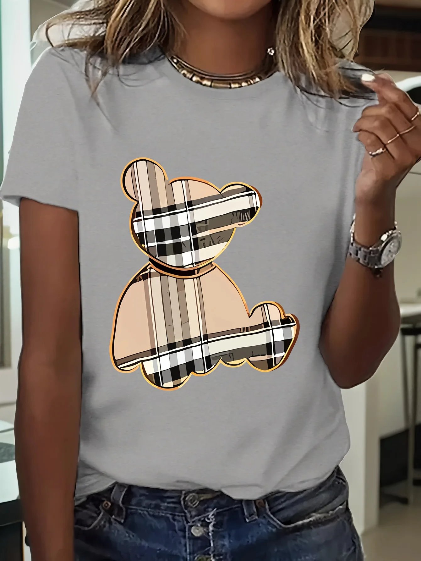 Women's Sporty Casual Striped Bear Print T-Shirt - Breathable Moisture-Wicking Lightweight Soft  Round Neck Short Sleeve Top