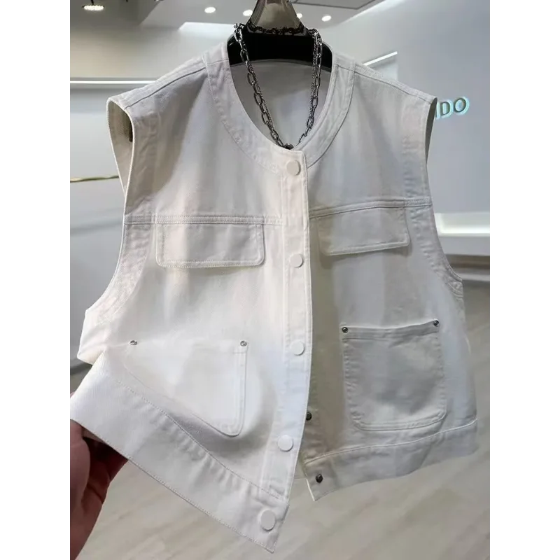 Women's White Denim Vest Sleeveless Button Front Multi Pocket Casual Loose Fit Outerwear