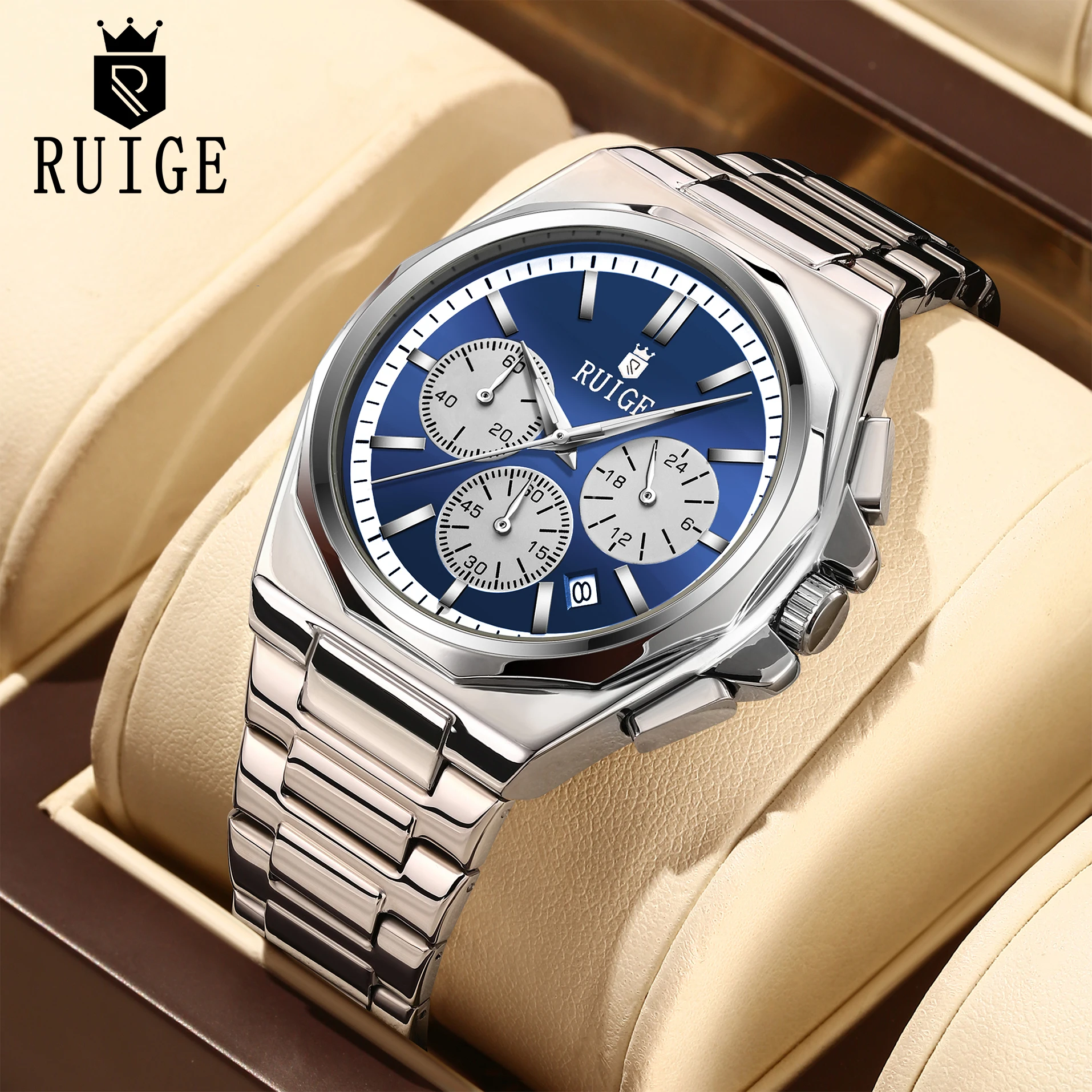 RUIGE New Multi Functional Men's Quartz Watch with Three Eyes and Six Needles, Fashionable Men's Night Light Waterproof Watch
