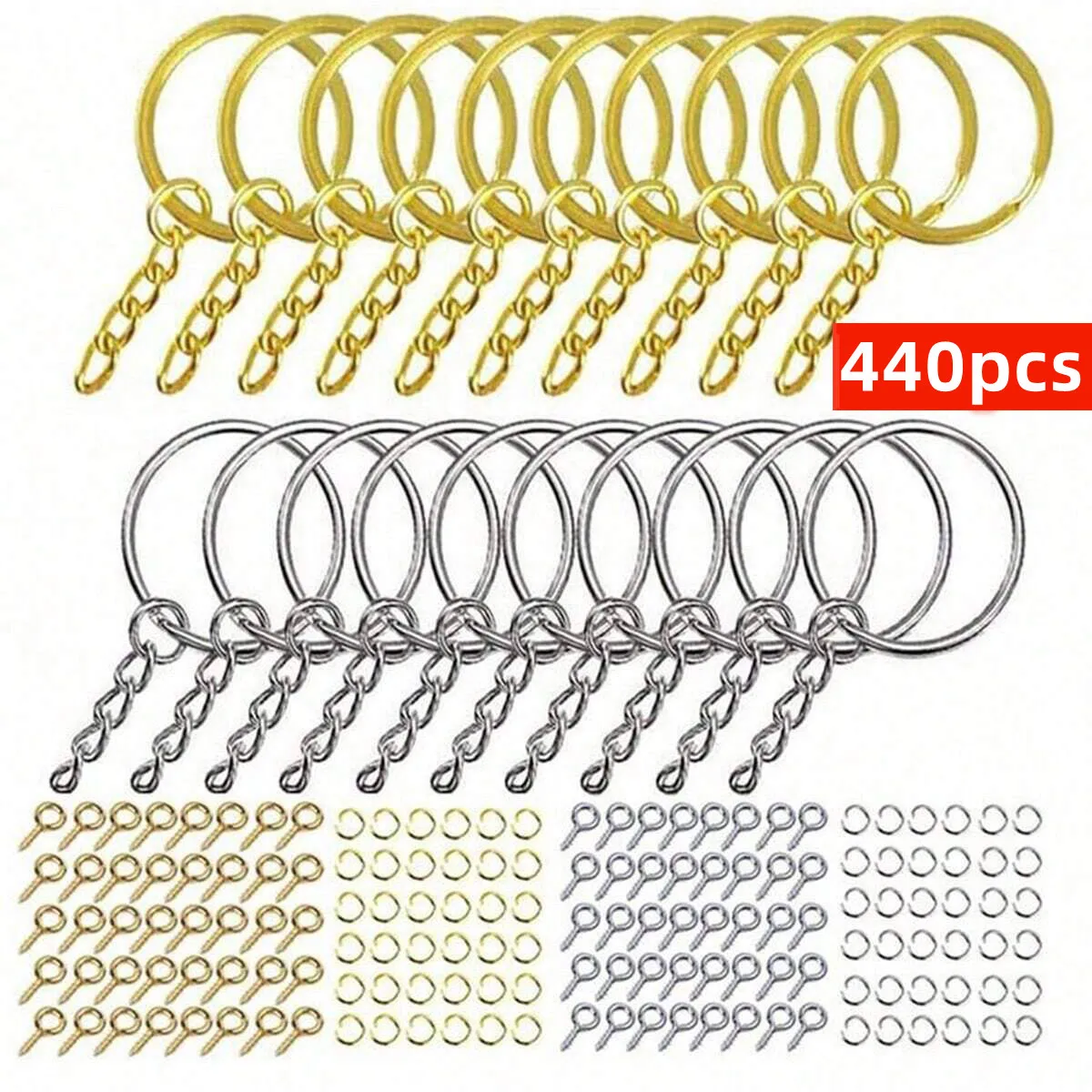 440 stücke DIY Goldene + Silber Metall Schlüsselanhänger Mit Split Ring Link Silber Gold Farbe Anhänger Halter Ringe DIY Schlüssel ketten Schmuck
