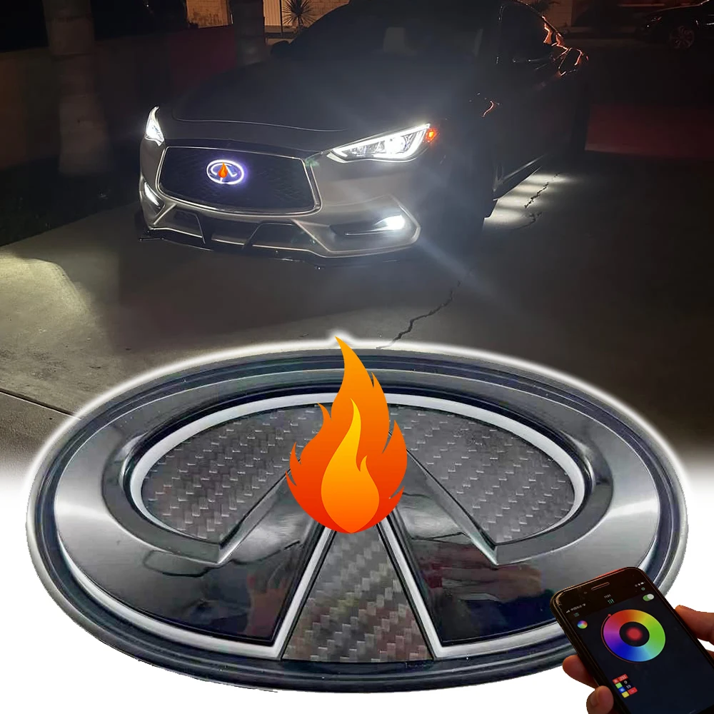 

Светодиодная RGB-подсветка эмблемы/логотипа Custom Flow для решетки радиатора Infiniti Q50 2014-2024, из углеродного волокна, черная, многоцветная, с управлением через приложение