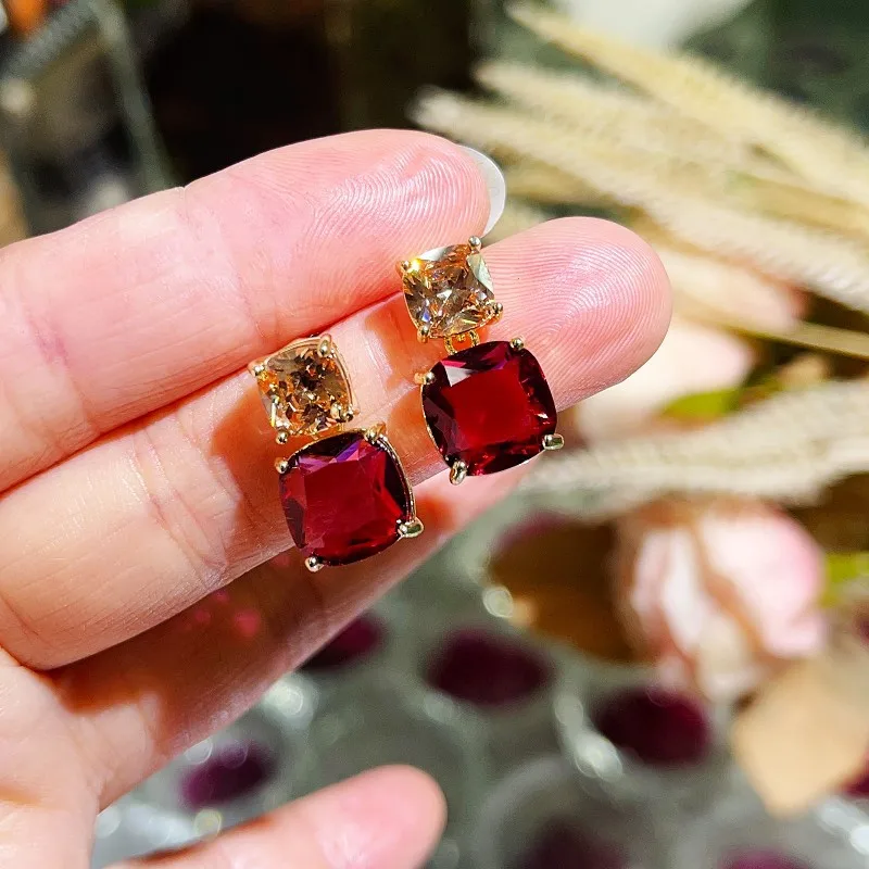 925 silver needle zircon crystal square earrings, women's light luxury high-end ruby champagne color matching boutique earrings