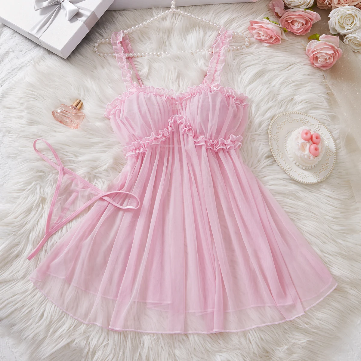 Semi Transparent Women Sexy Nightgown, Hot Suspender, Seductive Clothing, Mature Erotic Lingerie With Thongs Evening Nightdress