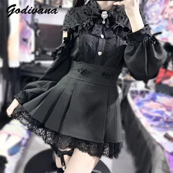 Japanese Mining Mass- Produced Chinese Style Disc Buckle High Waist Skirt Autumn Fashion Slim Black Plaid Lace Lolita Skirts