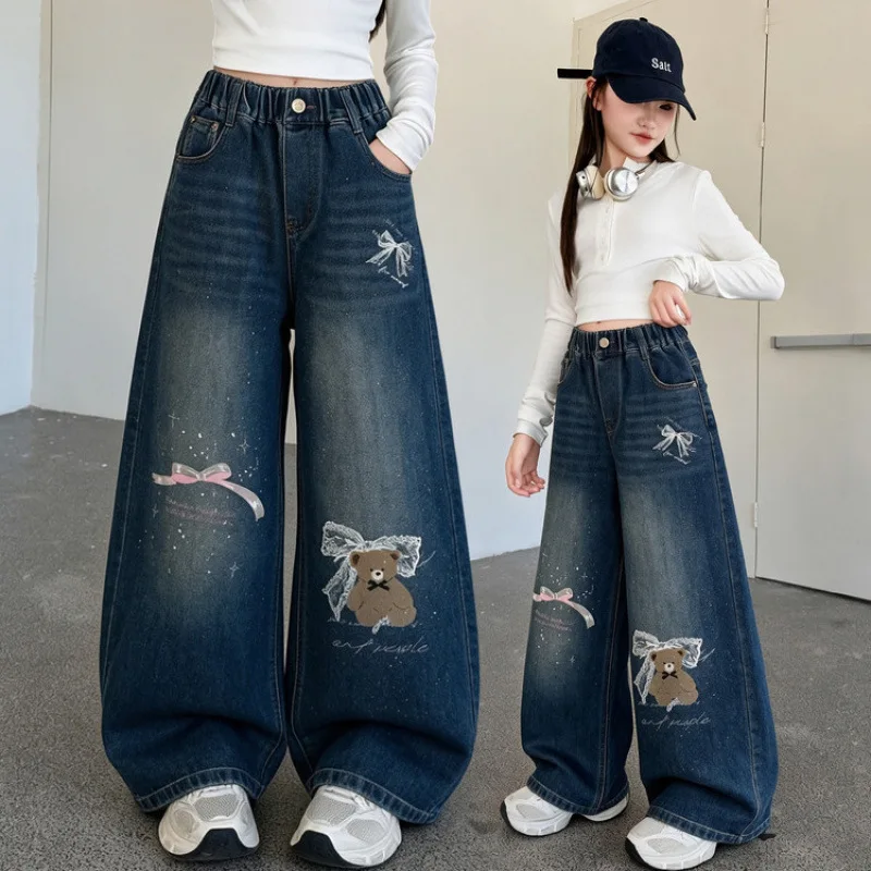 Autumn Kids Vintage Blue Jeans with Cartoon Pattern For Teen Girl New Casual Outdoor Denim Pants Children's Loose Jeans Trousers