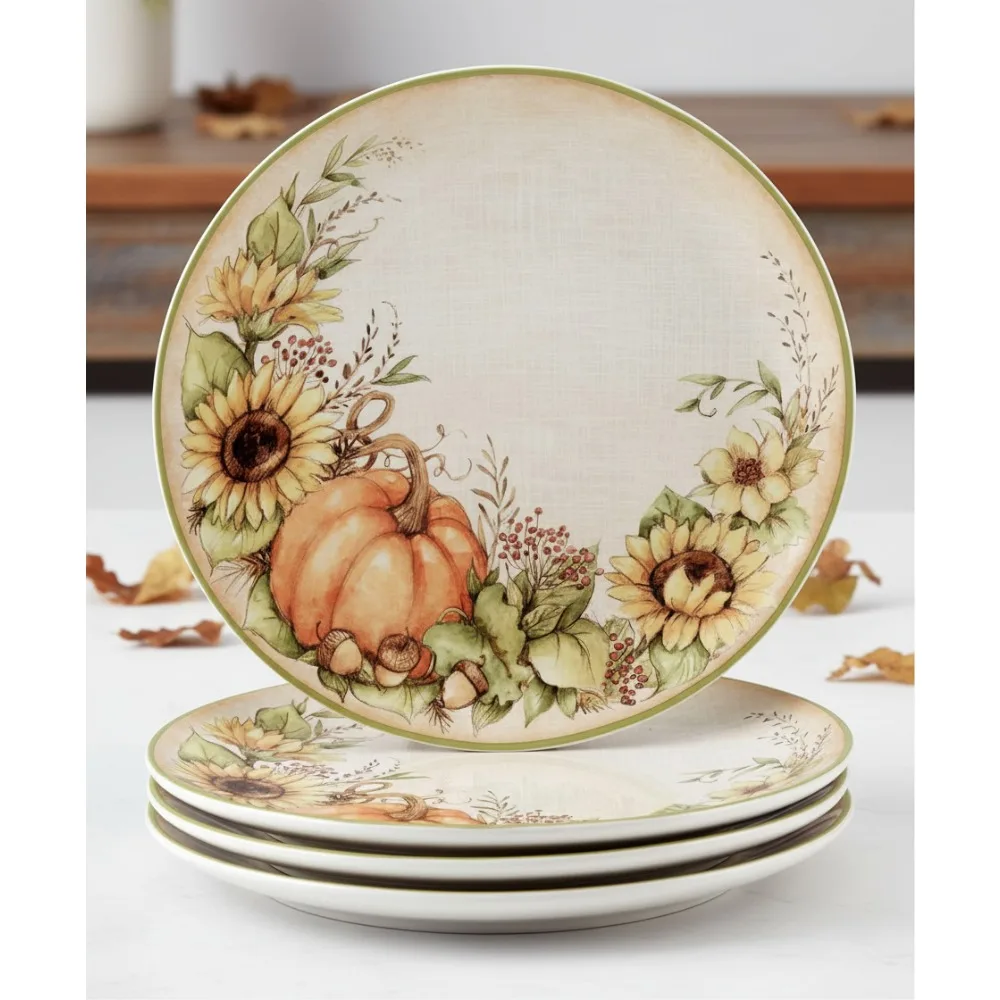 

Набор обеденных тарелок из 4 предметов для осеннего урожая - осенний декор в деревенском стиле с тыквой и листьями подсолнухов для сезонной столовой