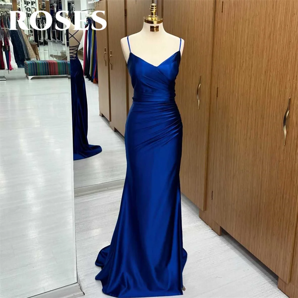 Rosen blau Ballkleider V-Ausschnitt Meerjungfrau Abendkleid ärmelloses Spaghetti träger Party kleid mit Falten Satin Robe de Soirée