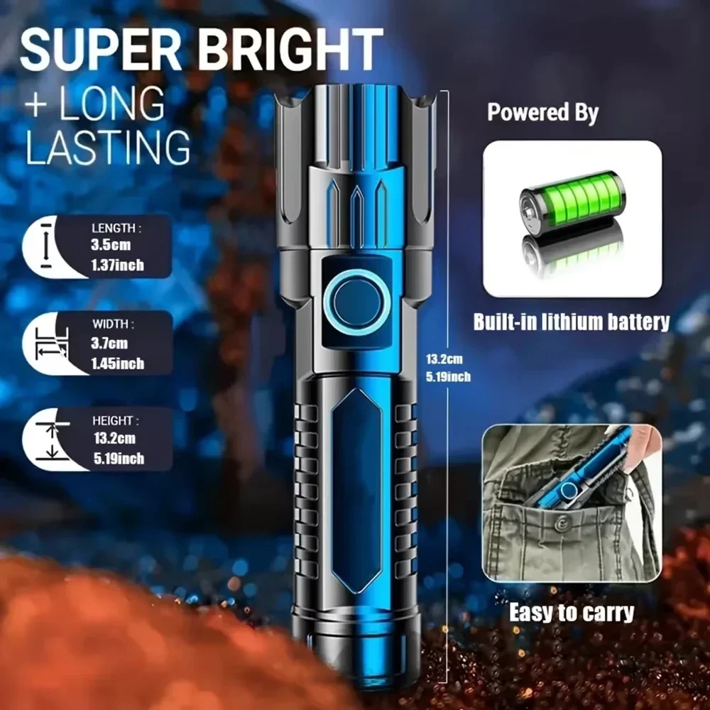 Super Bright LED Flashlight USB Rechargeable Torch Zoomable Light with Built-in Battery Camping Hiking Lantern Emergency Lamp