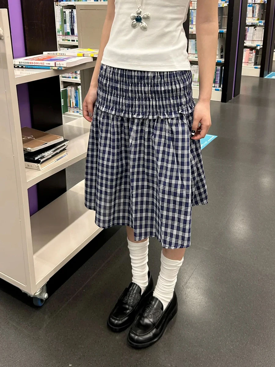 

Plaid Navy Ruffles Knee-Length Skirt Woman Summer Elastic Waist A-line Short Faldas Fashion Vintage Preppy Style Cute Skirts Y2k