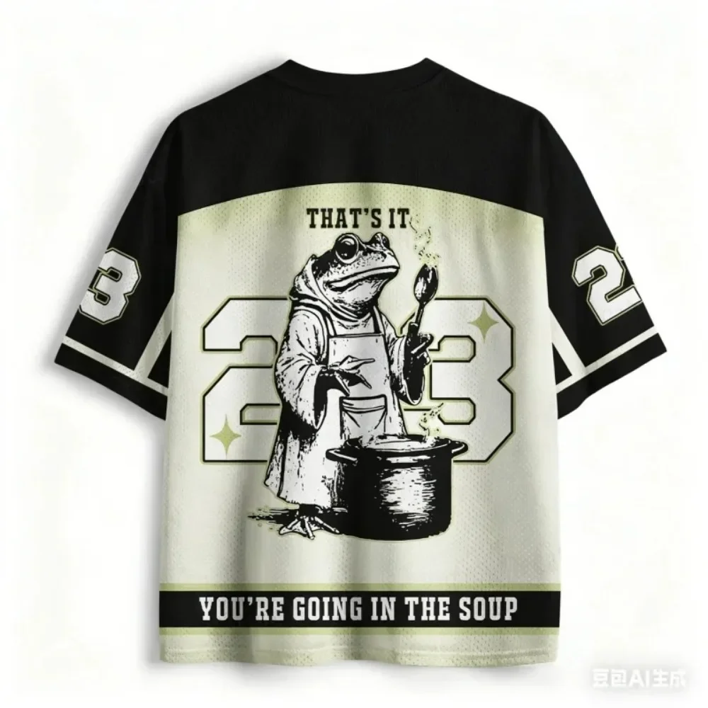 Lustiges Cartoon-Frosch-Koch-Design, 3D-Druck, Street-Hip-Hop, Y2K, sportlich, schnelltrocknend, atmungsaktiv, Herren- und Damen-T-Shirt mit V-Ausschnitt, große Größen. – Detail 7
