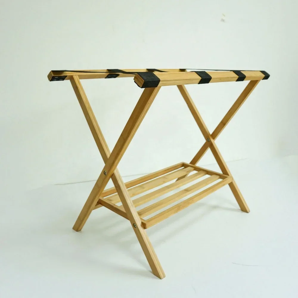 2026 Folding bamboo wooden luggage rack luggage holder with 4 nylon straps for hotel and home