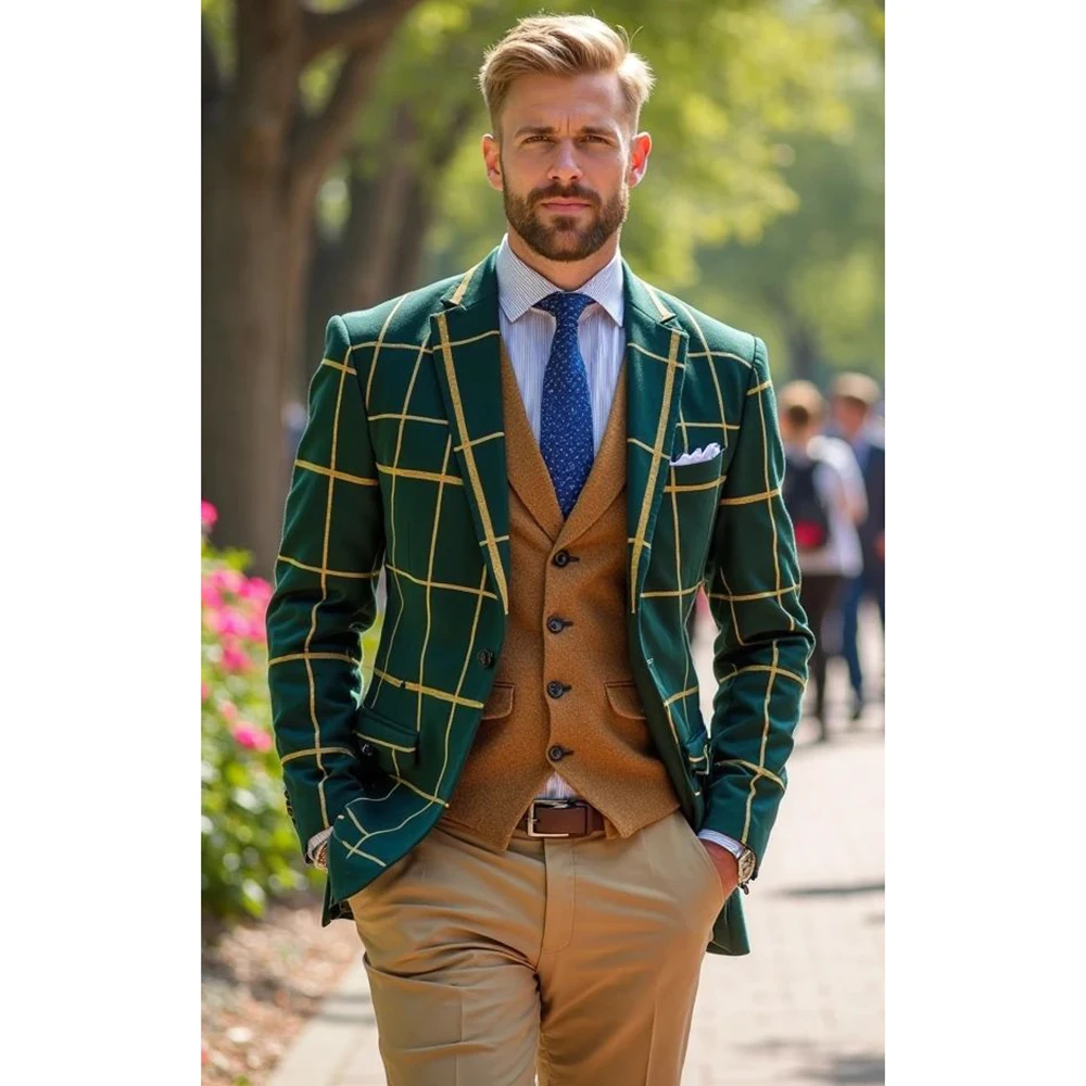 Single-grain Buckle Man Checked Suit Colour Mixing Peaked Lapel 3 Pieces(Jacket+Pants+Vest) Handsome Male Set for Formal Party