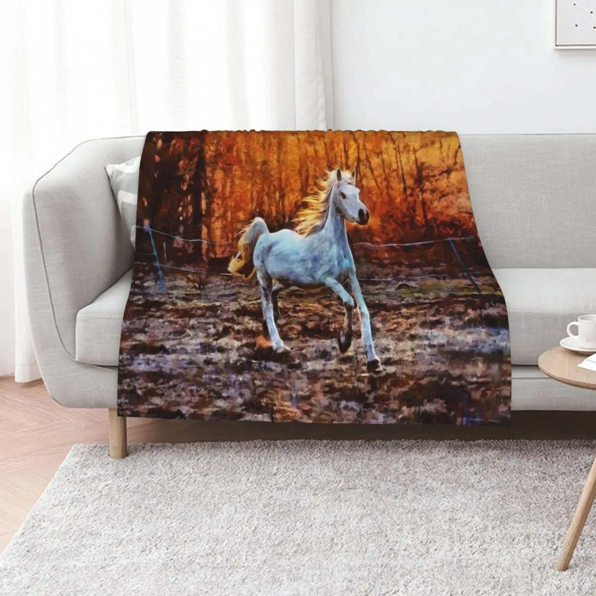 A White Horse Galloping With The Sun Setting Behind The Trees Digital Painting Throw Blanket Custom Luxury Throw Luxury Blankets
