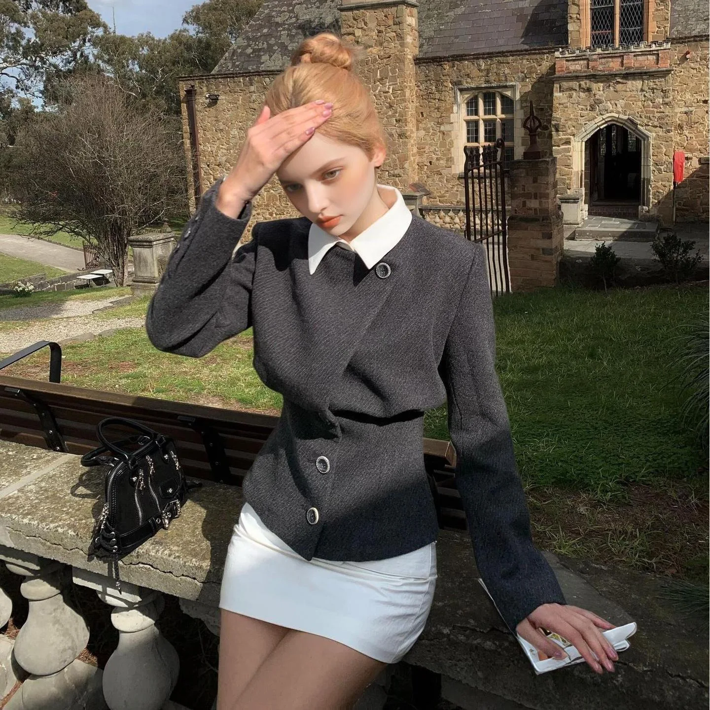 

French-style fashionable elegant faux two-piece notched collar tweed coat autumn versatile stylish waist-cinching slimming