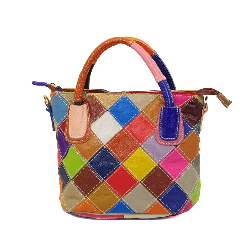 

Vintage Cowhide Bucket Bag - Contrast Plaid Design with Tote Function for Women's Casual Outings