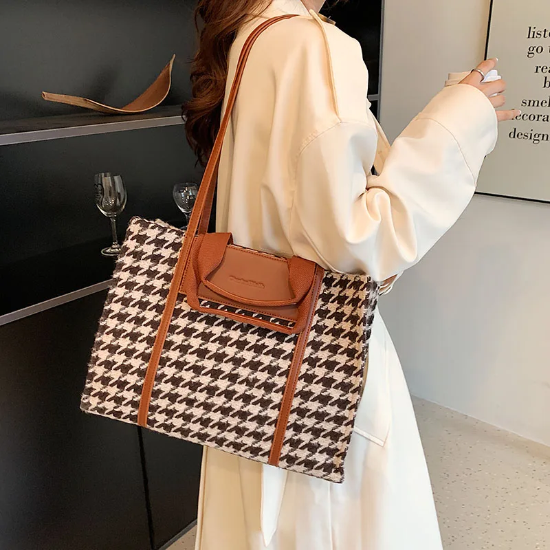 Trendy Designer Houndstooth Big Shoulder Bags Women Handbag Purse 2021 New Large CapacityLadies Casual Totes for Work Quality