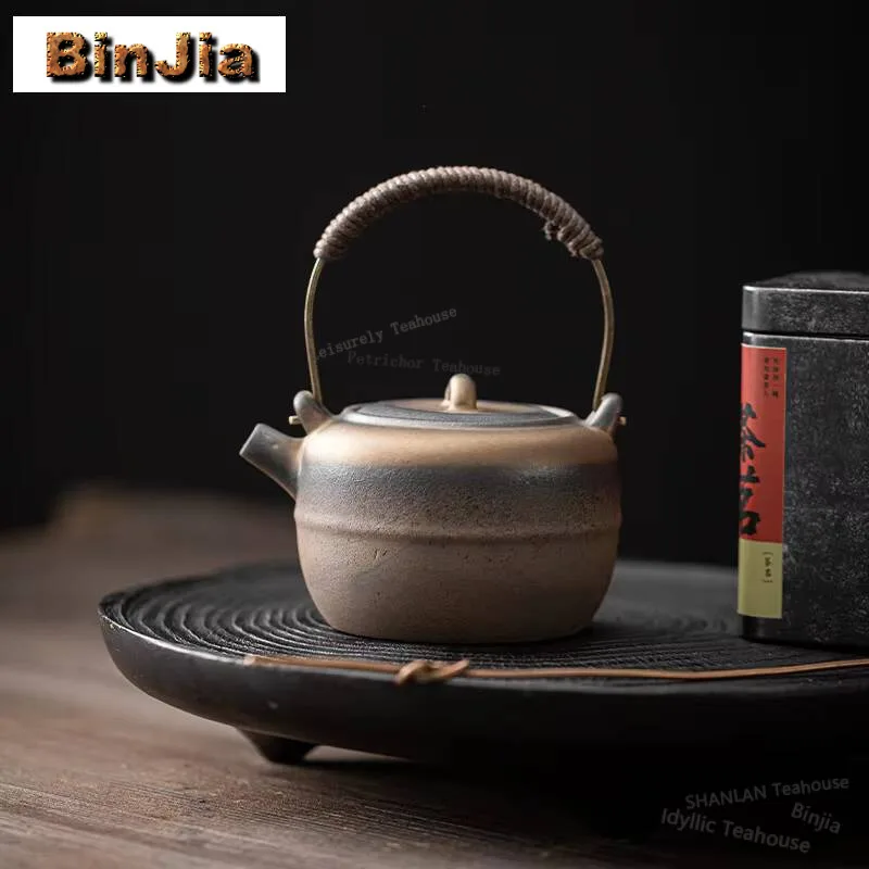 

230ml Ancient Early Fired Rough Pottery Teapot Gilded Iron Apple Lifting Beam Pot Tea Maker Kettle Vintage Drinkware Collection