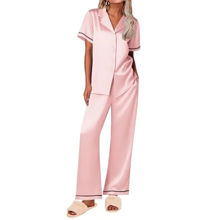 

Ekouaer Women's Silk Pajamas Set Short Sleeve Satin Pjs 2 Pcs Soft Loungewear with Pants Button Down Sleepwear