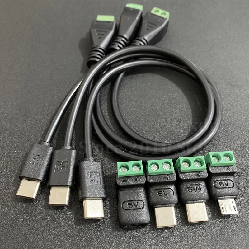 Solderless Plug Micro USB Type-C to 2Pin Terminal Adapter Type-C to 2 Pin Screw Crimp Terminal Block 5V 9V12V20V Cable Charging