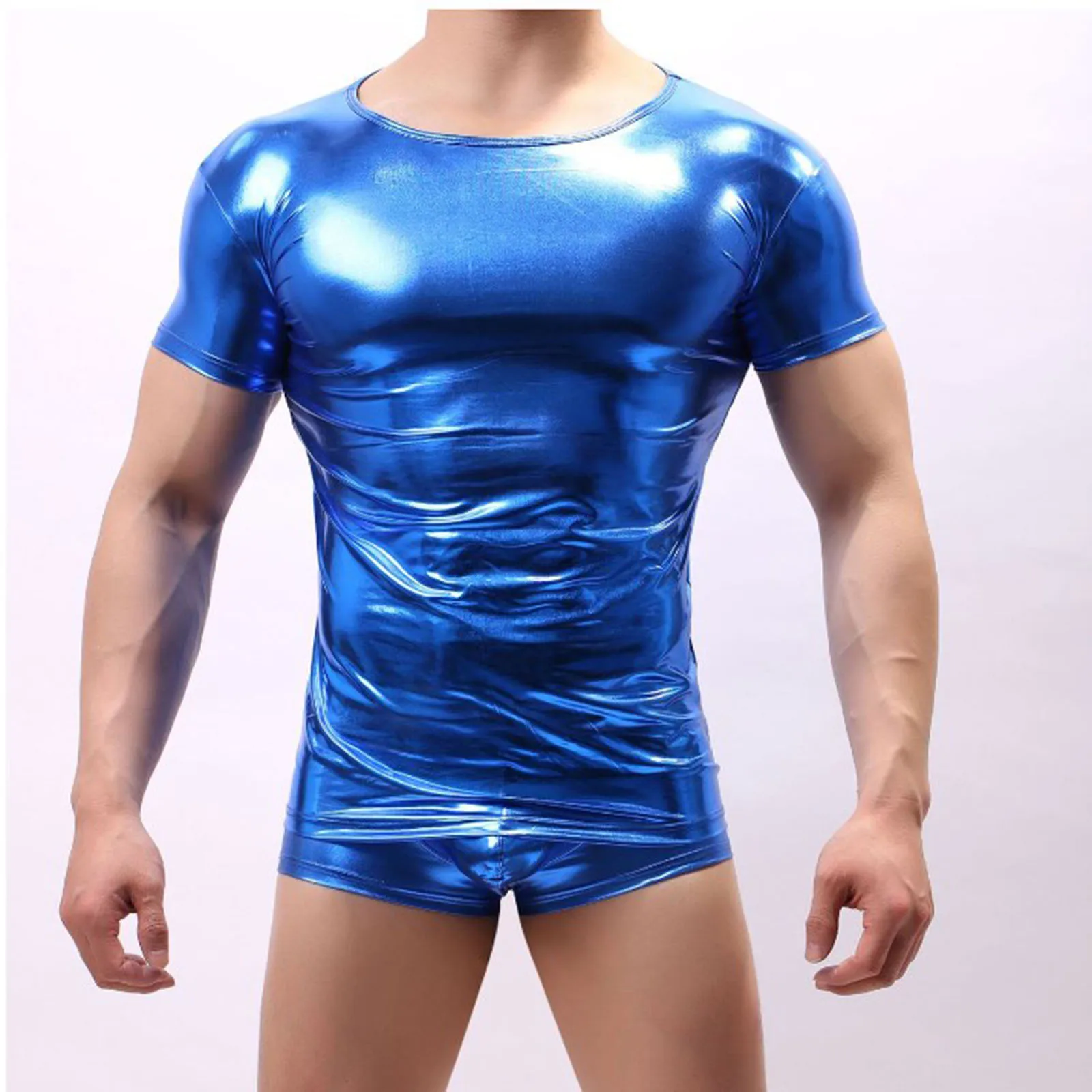 

Mens Clubwear Metallic Shinny Short Sleeve T-shirt Music Festival Rave Party Disco Club Round Neck Tops Streetwear