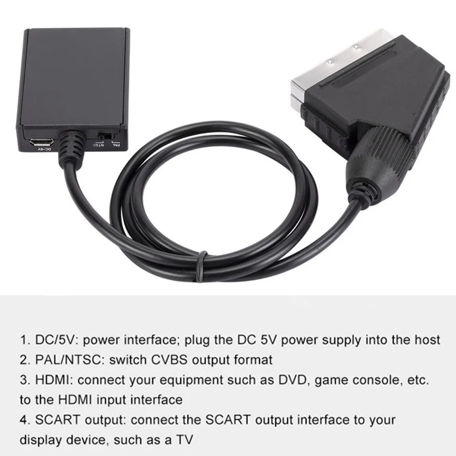 HDMI-compatible to SCART 1080P Video Audio Upscale Converter Adapter for HD TV DVD for Sky Box STB Plug and Play DC Cable