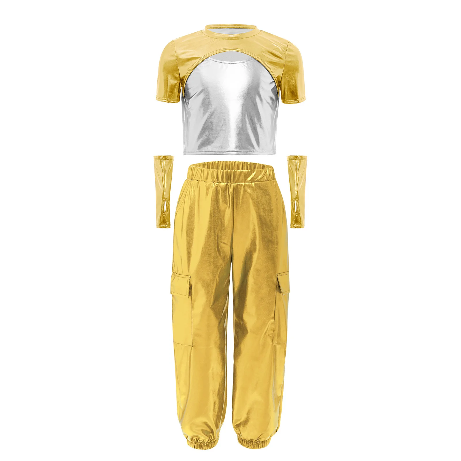 أطفال بنات الهيب هوب ملابس رقص الجاز قصيرة الأكمام انقطاع اللون كتلة معدنية مع قفازات والسراويل البضائع السراويل الزي #2