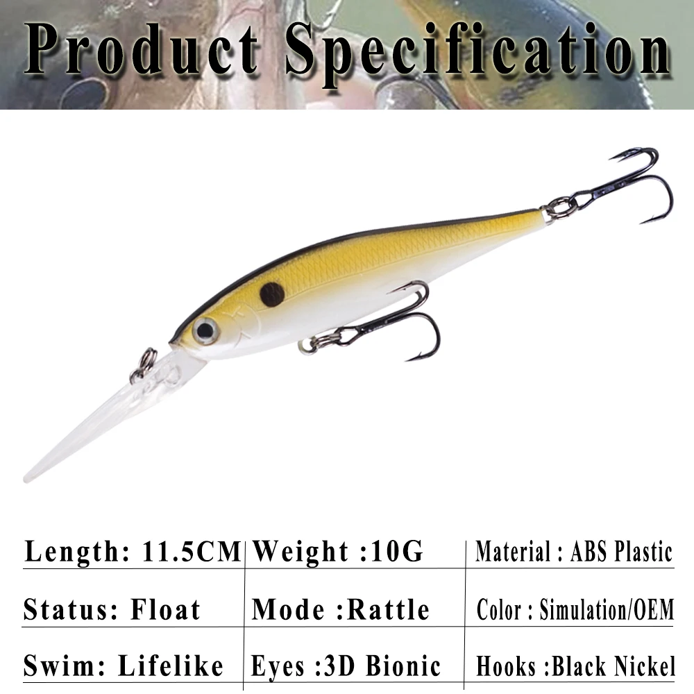 Chan\'s Huang 1PCS 11.5CM 10G Deep Water Diver Minnow Wobbler Artificial Bass Floating Minnow Hard Bait Jerk Fishing Lure Tackle