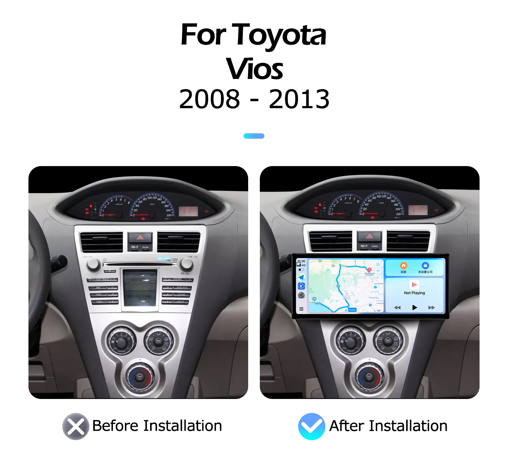 12.3 inch 2400*900P For Toyota Vios 2008-2013 Lntelligent Multimedia Right Angle Touch Screen GPS Android Auto Carplay WIFI BT