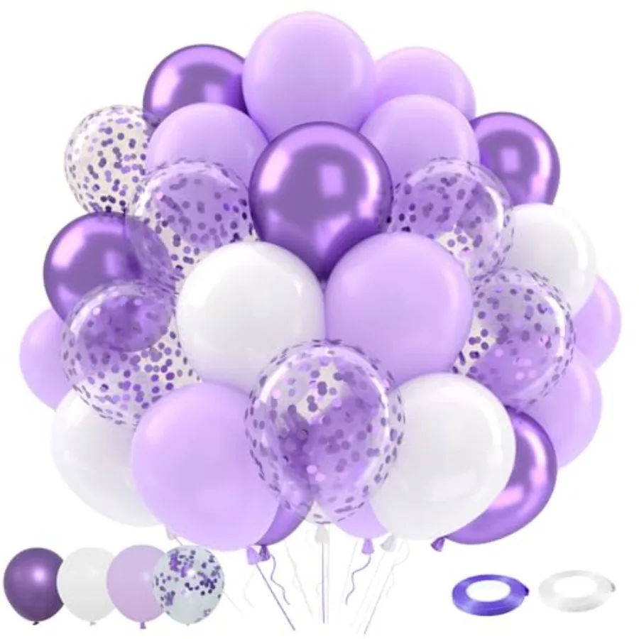 Juego de globos, 50 piezas de 12 pulgadas, globos de látex metálicos color lila con confeti, kit para decoración de fiestas de cumpleaños, baby shower y bodas
