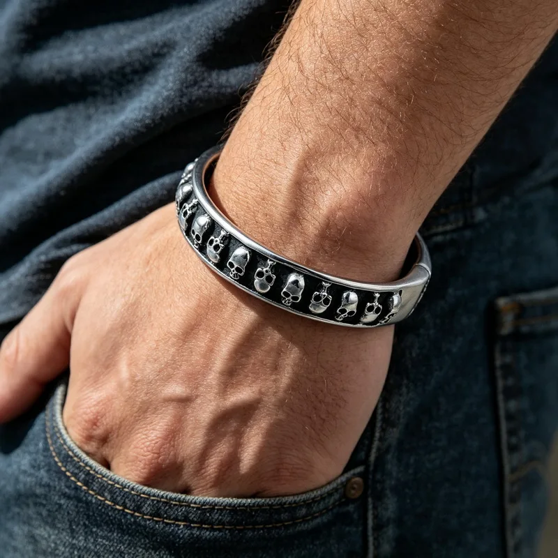Goth Skull Hip Hop Punk Cool Creative Open Bracelet Men's Simple Retro Motorcycle Bracelet Street Niche Accessories-KB100286-BD