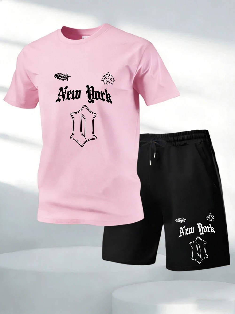 

Two Pieces Set New York Number 0 Printing Cotton T-Shirts Pants Mens Oversized Soft O-Neck Tops High Waisted Pocket Male Shorts
