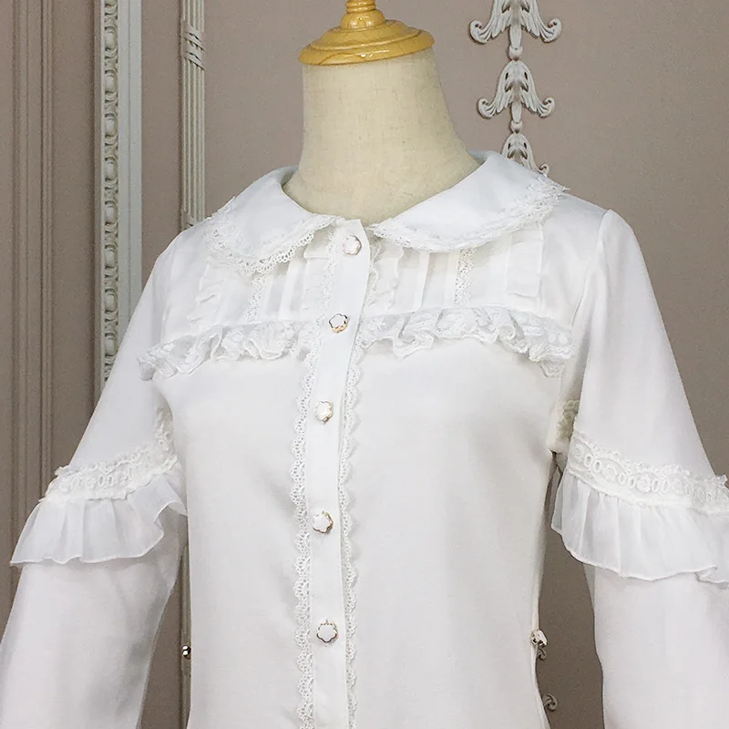 Japanse Witte Peter Pan Kraag Shirt Ruffle Button Up Blouse Lolita Stijl Slanke Kawaii Lange Mouw Vest Dames Tops