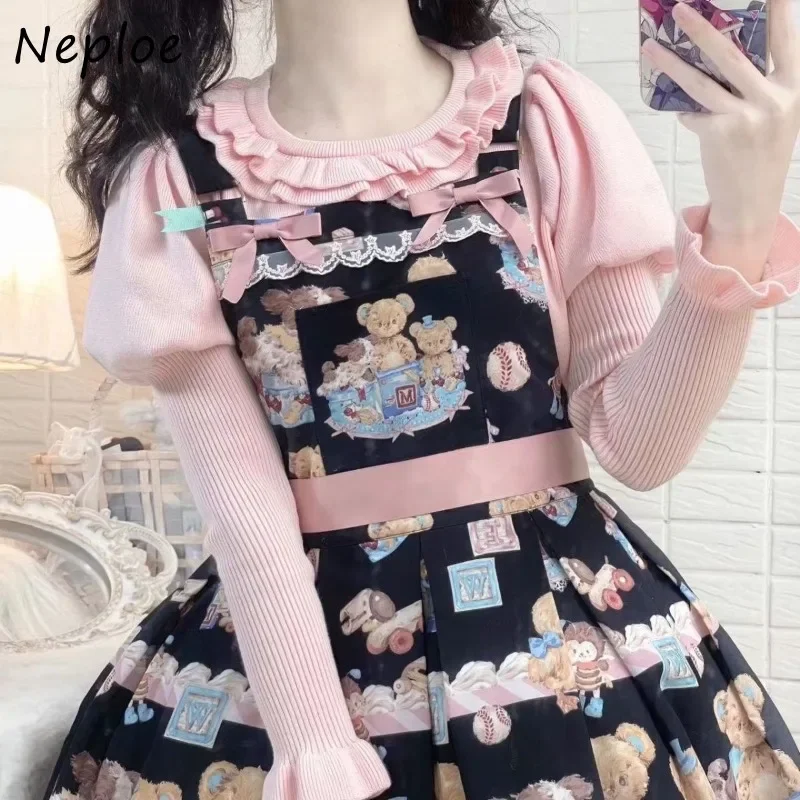 Neploe Harajuku Sweet Ruffles Lolita Sweaters Autumn New Knitted Bottoming Tops Women Y2k Grunge Slim Fit Pullover Mujer